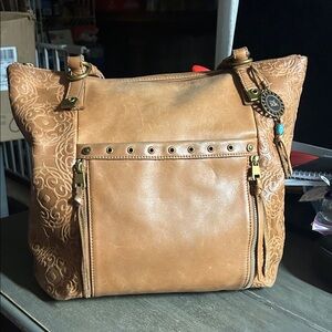 The Sak Collective Ojai tote‎ bag in camel tan embossed leather - Preloved
